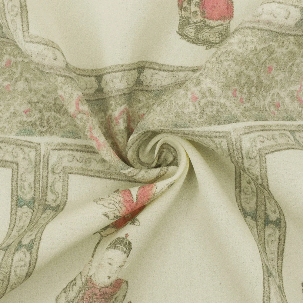 1 1/2 YD PC-Ivory-Green-Multi Asian Figure Printed Silk Momie Crepe Woven Fabric - Image 2