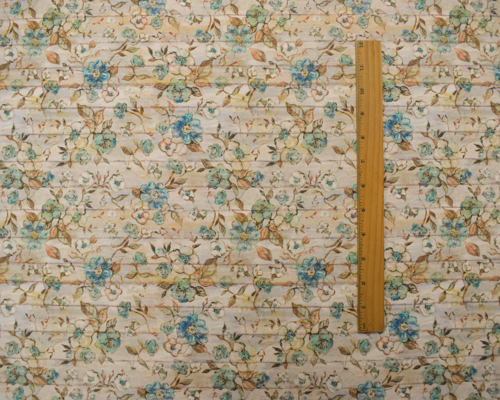 1 1/4 YD PC-Teal-Ivory-Multi Cotton Susan Winget Floral Wood Printed Quilting Woven Fabric - Image 4