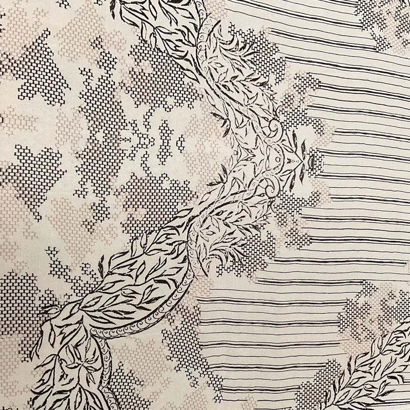 2 1/8 YD PC-Ivory-Tan-Black Honeycomb Floral Silk Chiffon Designer Remnant Fabric