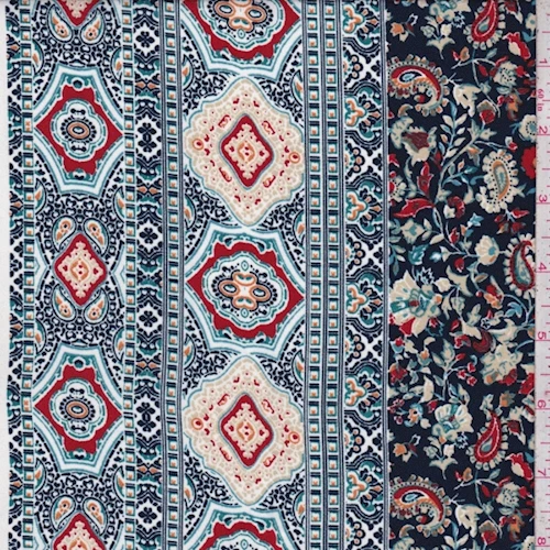 2 1/8 YD PC-Dark Navy/Rust/Beige Floral Crepe Georgette Fabric