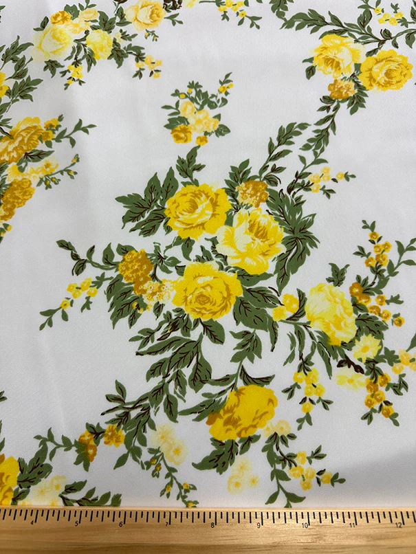 2 1/8 YD PC-Yellow Roses Print Poly Charmeuse Satin Fabric - Image 3