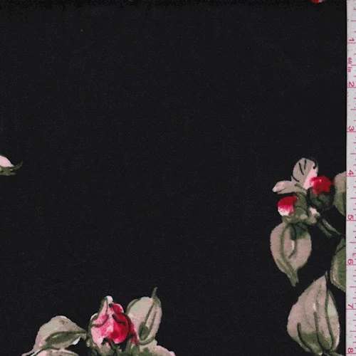 2 YD PC-Black/Pink Fan Floral Double Brushed Jersey Knit Fabric