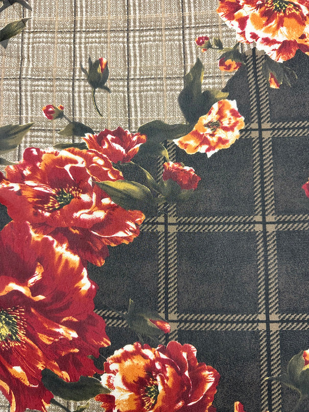 2 YD PC-Brown Plaid Floral Print Poly Chiffon Fabric - Image 2