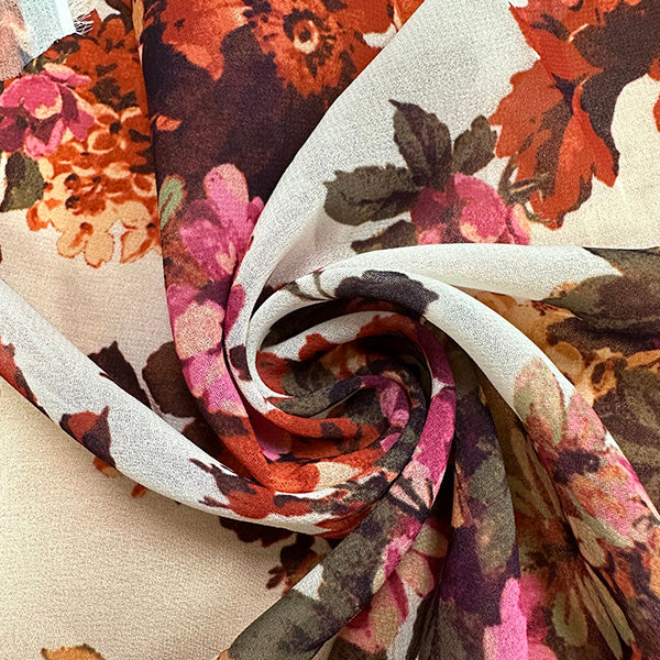 2 YD PC-Ivory Multi Floral Print Poly Chiffon Fabric