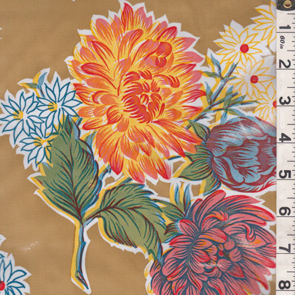 3/4 YD PC-Tan Floral Oilcloth Fabric - Reorderable