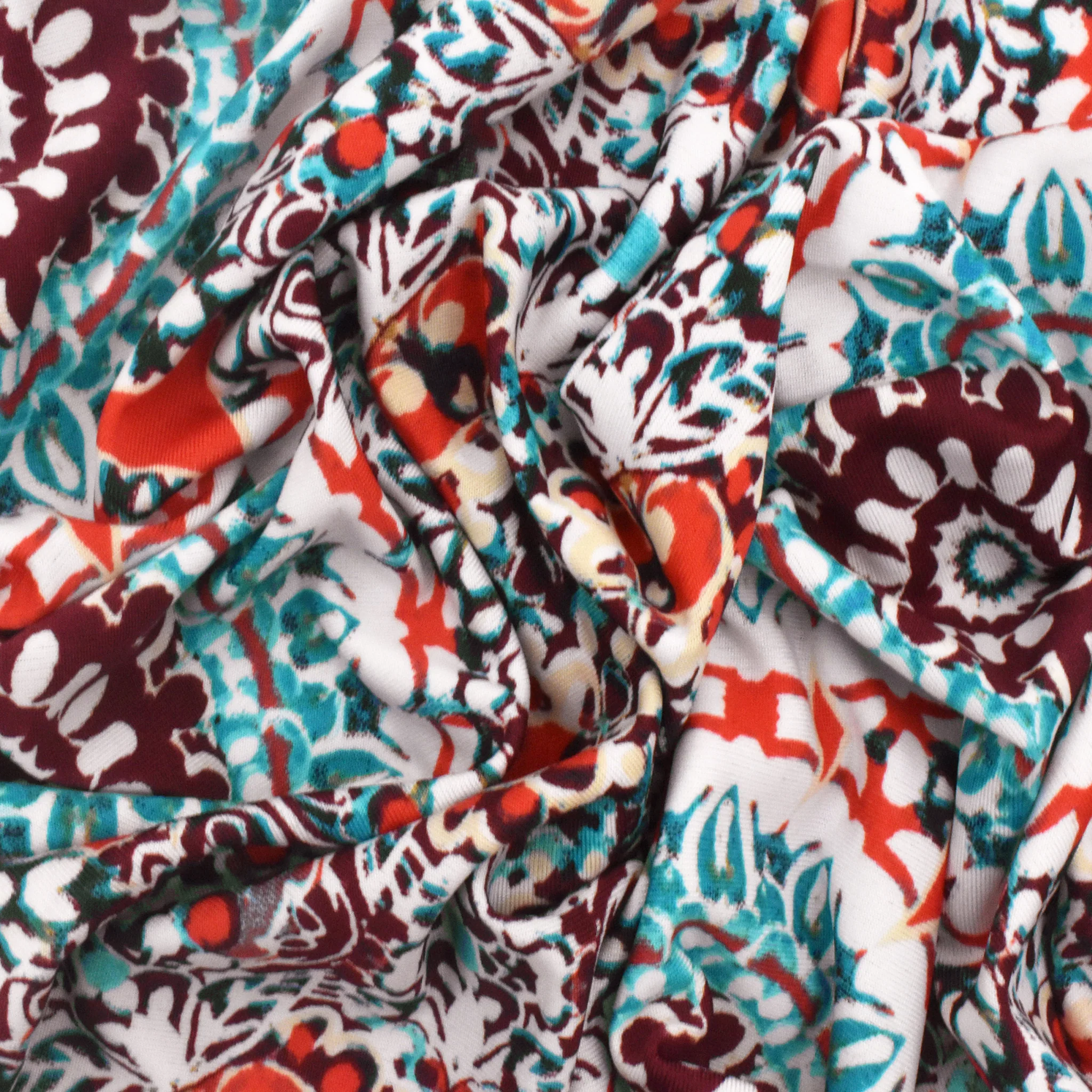 3 YD PC-Basic White-Red-Multi Medallion Printed Stretch Activewear Knit Fabric - Image 2