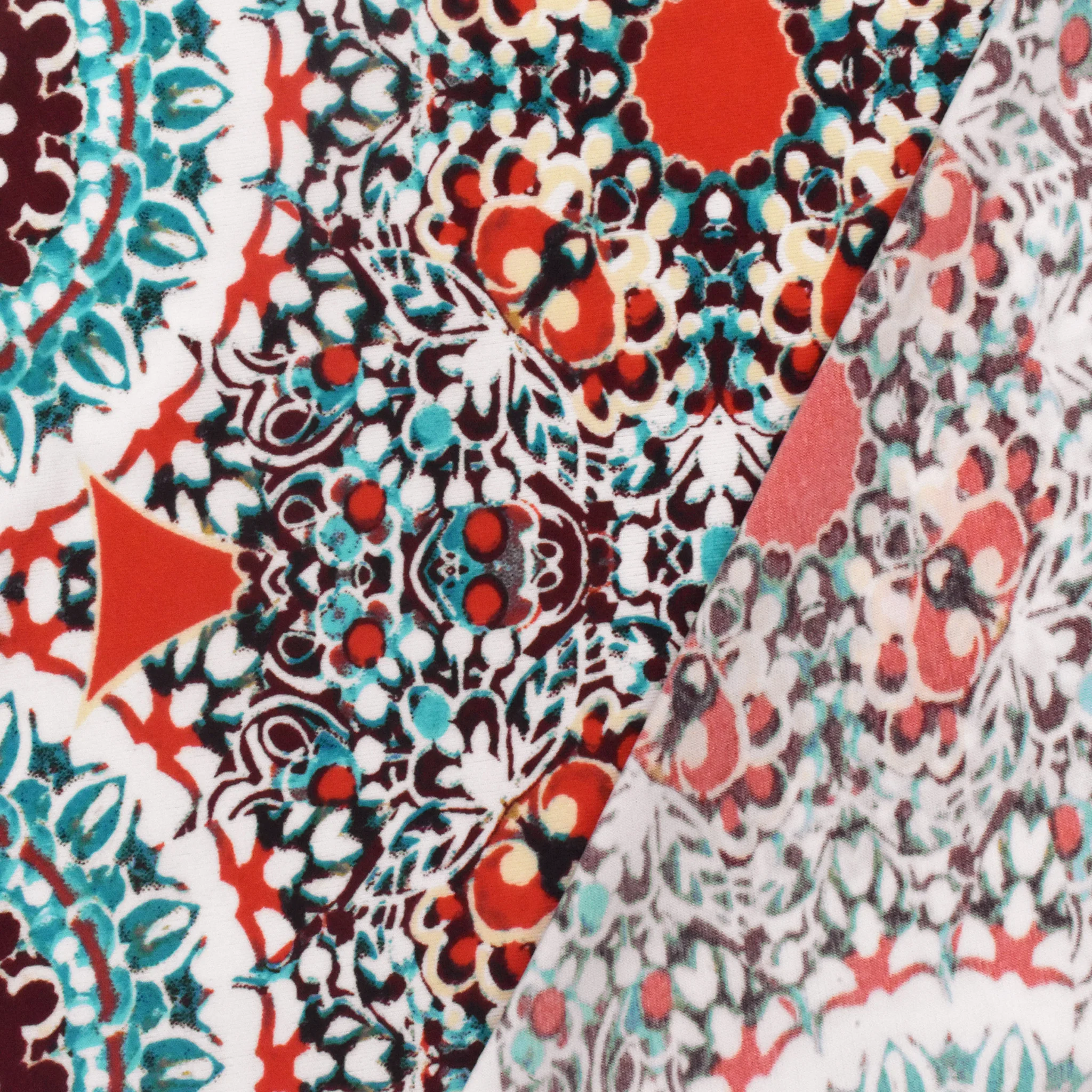 3 YD PC-Basic White-Red-Multi Medallion Printed Stretch Activewear Knit Fabric - Image 3