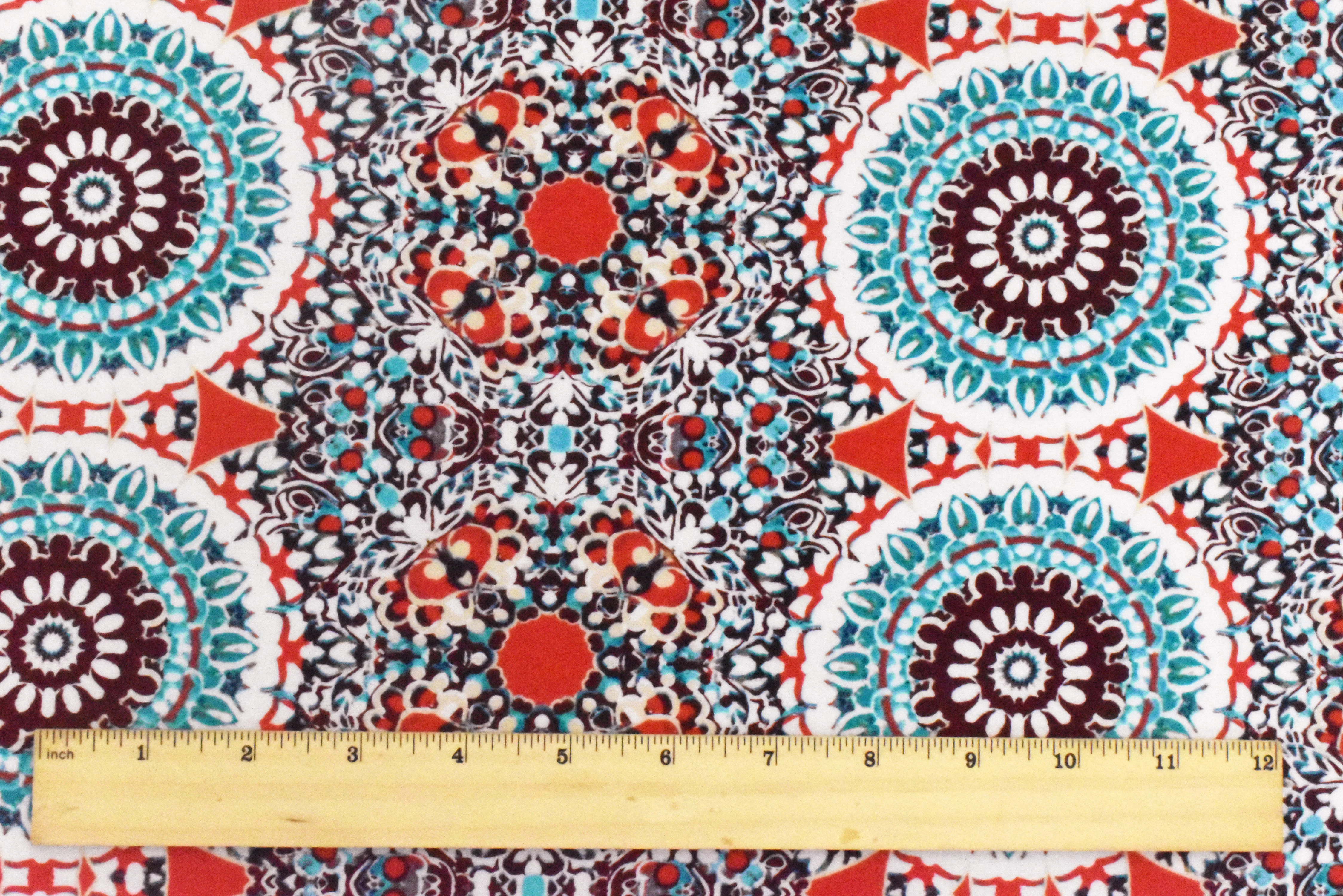 3 YD PC-Basic White-Red-Multi Medallion Printed Stretch Activewear Knit Fabric - Image 4