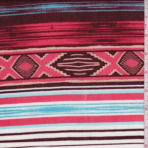 3 YD PC-Coral/Wine Aztec Striped Block Crinkled Gauze Fabric