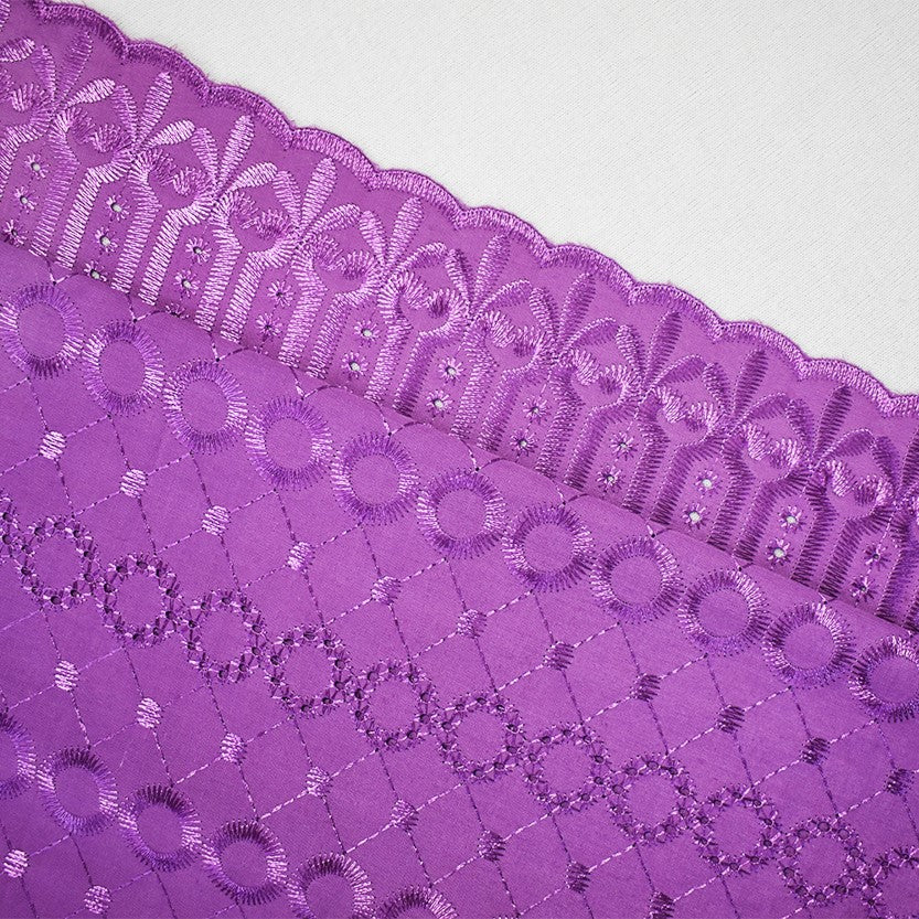 3 YD PC-Purple Poly-Cotton Embroidered Circle Diamond Scallop Eyelet Woven Fabric