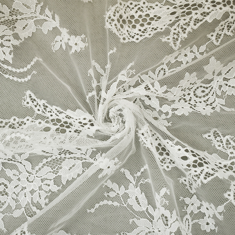 3 YD PC-White Nylon Poly Floral Embroidered Mesh Knit Fabric