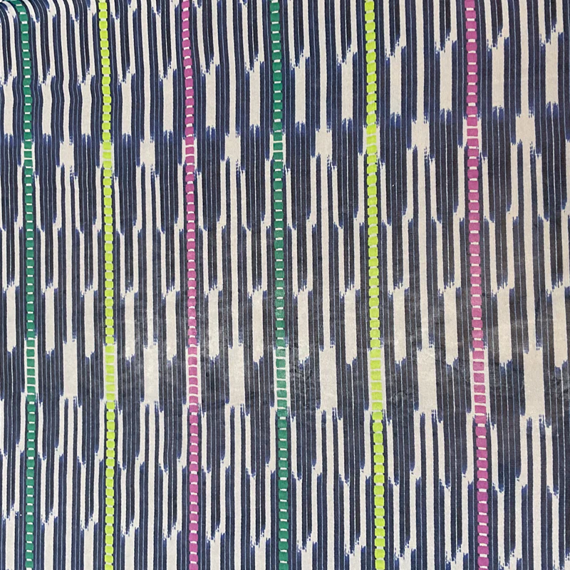 4 1/4 YD PC-Dark Blue-Green-Raspberry-Yellow Ikat stripe Silk Chiffon Designer Remnant Fabric