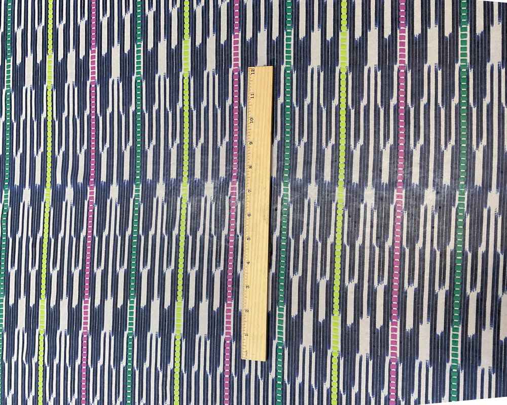 4 1/4 YD PC-Dark Blue-Green-Raspberry-Yellow Ikat stripe Silk Chiffon Designer Remnant Fabric - Image 2
