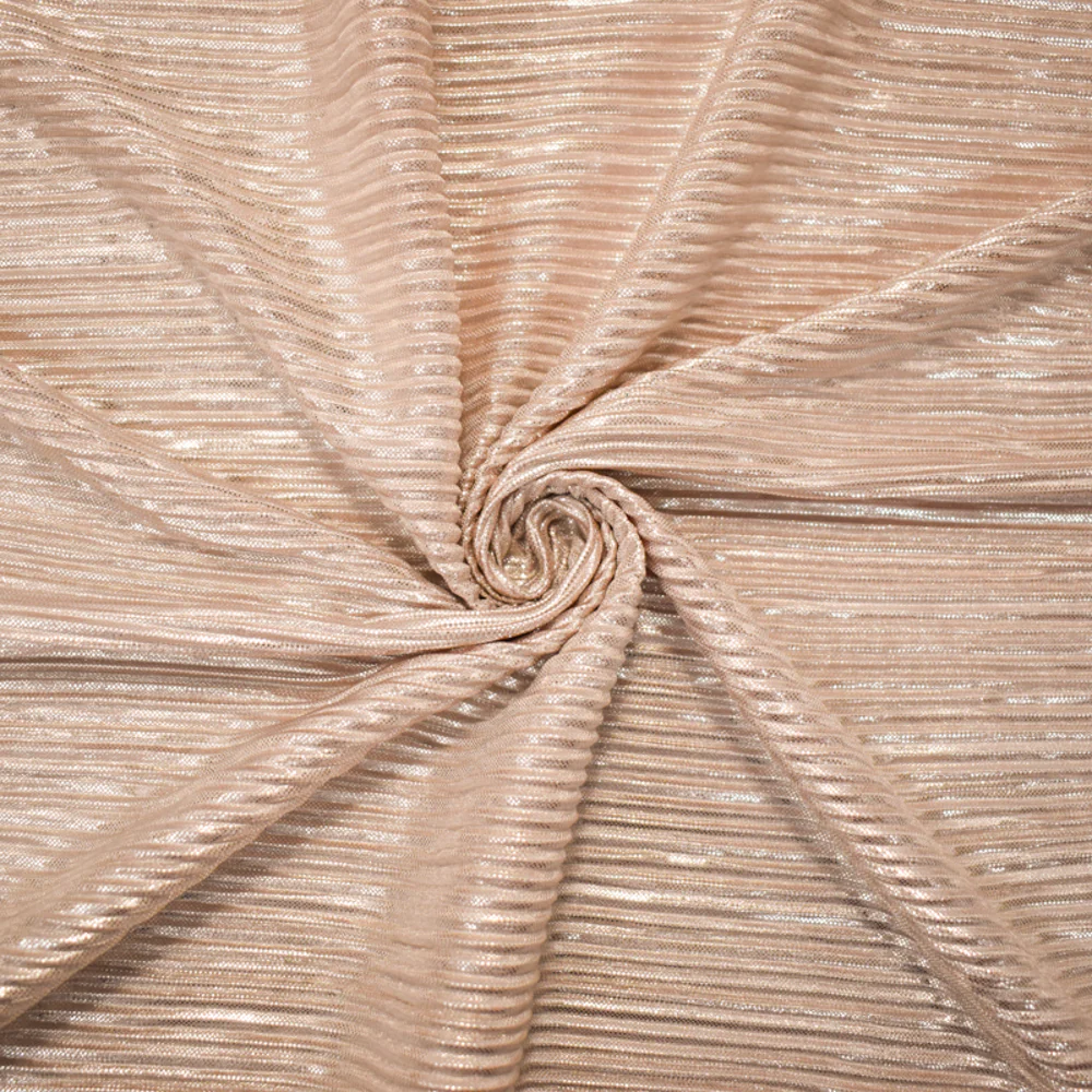 4 1/2 YD PC-Silver-Beige Polyester Blend Stretch Foil Printed Pleated Knit Fabric