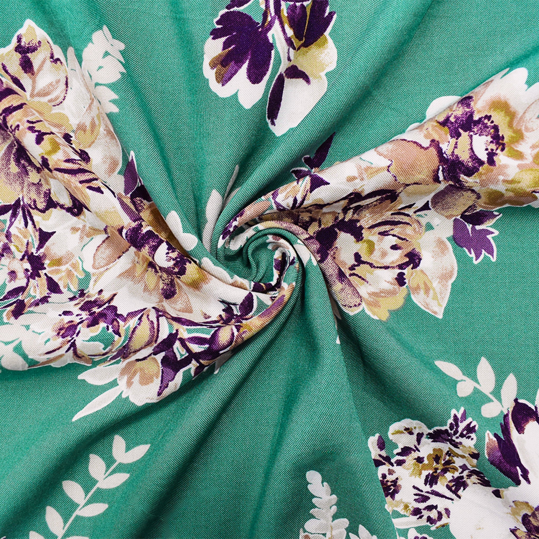 4 YD PC-Ash Green-Brown-Multi Rayon Floral Printed Challis Woven Fabric