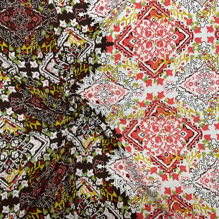 4 YD PC-Brown-White-Multi Poly Aztec Printed Crepe Momie Woven Fabric