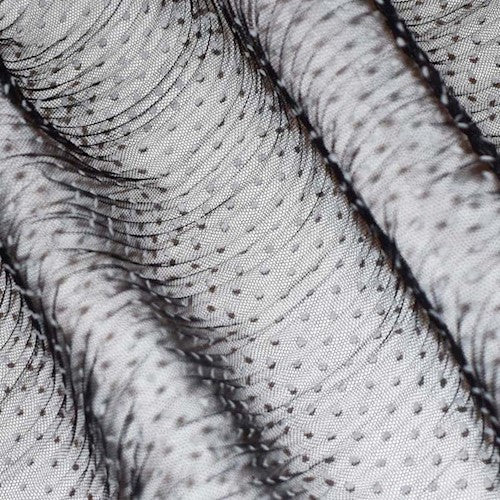 5 YD PC-Black/White Designer Polka Dot Velvet Flocked Pleat Mesh Fabric