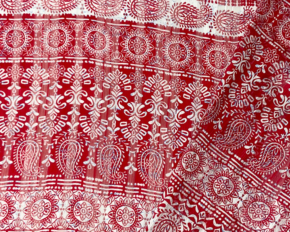 5 YD PC-Red-Multi Stripe Paisley Print Satin Stripe Chiffon Woven Fabric - Image 2