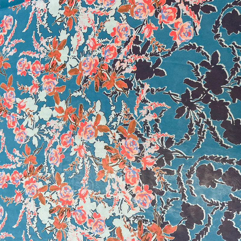 5 YD PC-Teal-Coral-Black Floral Silk Chiffon Designer Remnant Fabric