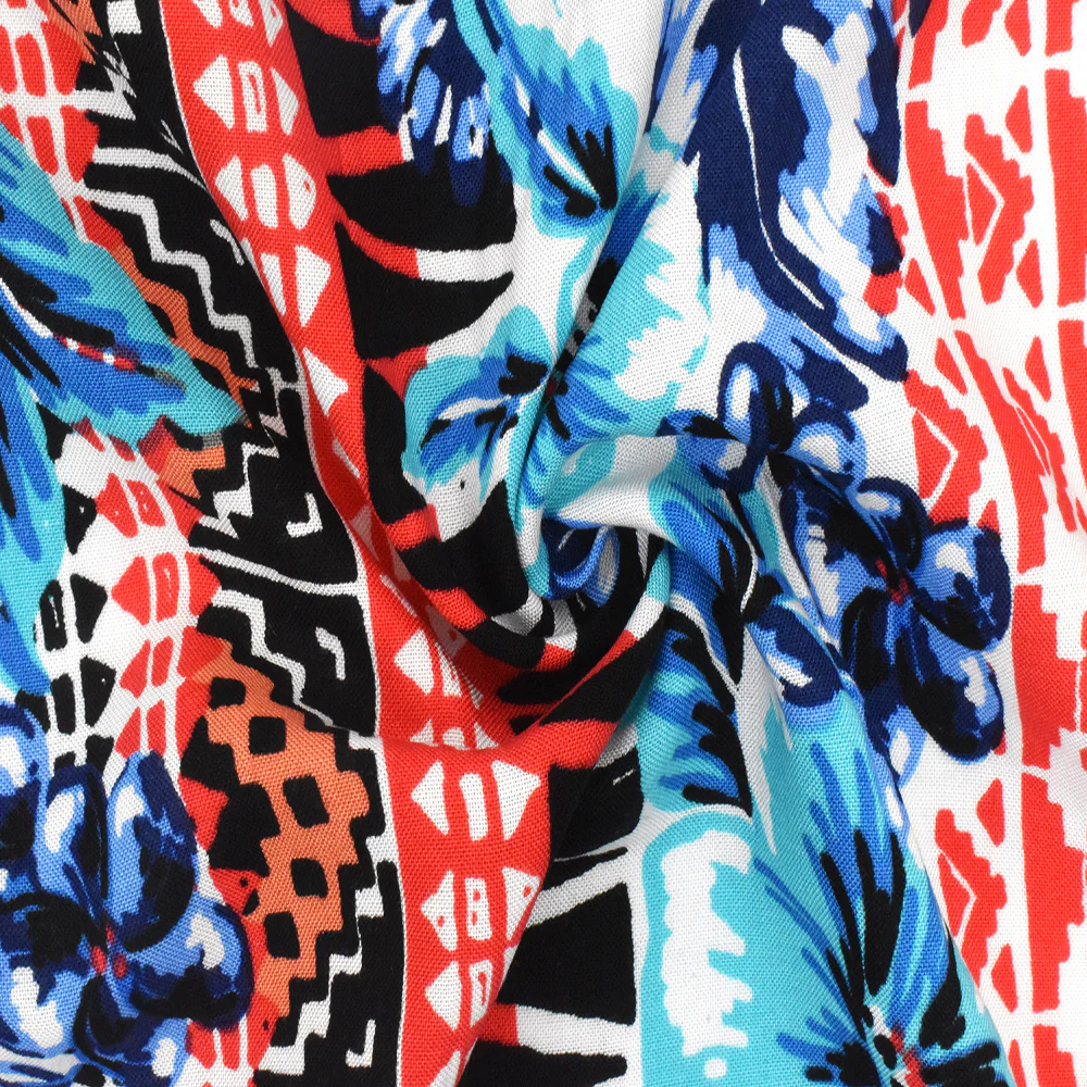 Aqua-Red-Multi Floral Tribal Stripe Printed Challis Fabric - Image 2