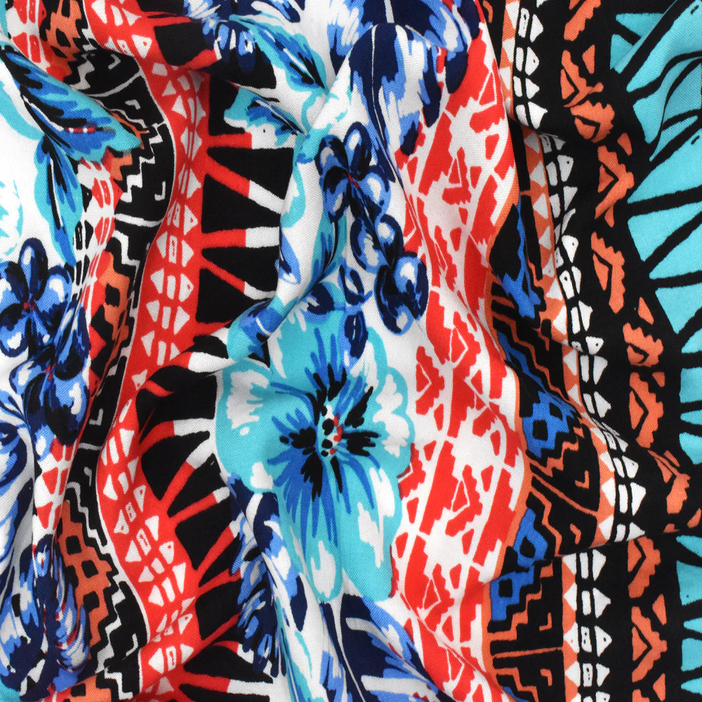 Aqua-Red-Multi Floral Tribal Stripe Printed Challis Fabric - Image 3