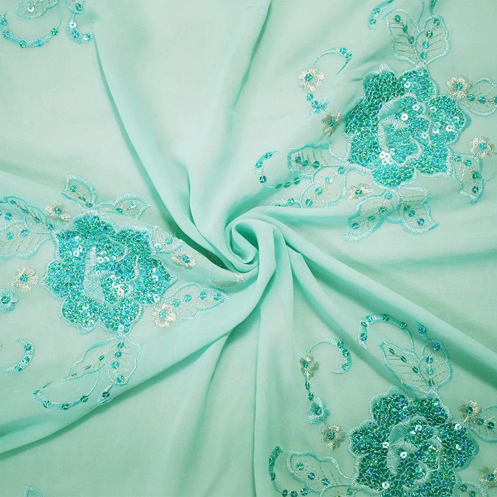 Aqua-Silver Nylon Embroidered Floral Sequined Scallop Chiffon Woven Fabric - Image 2