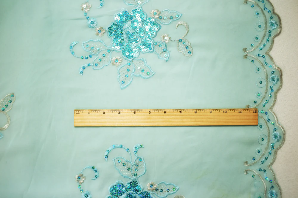 Aqua-Silver Nylon Embroidered Floral Sequined Scallop Chiffon Woven Fabric - Image 5