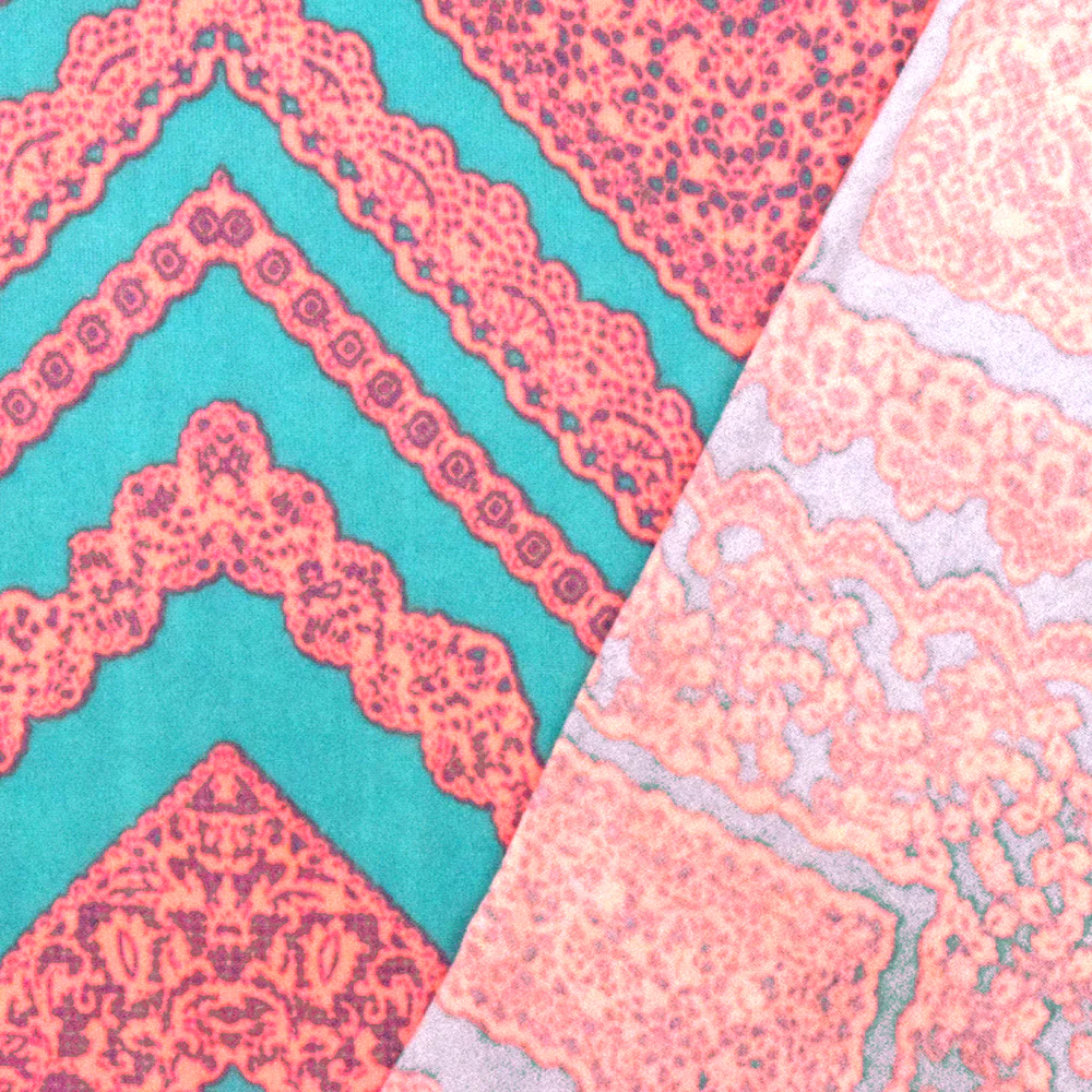 Aqua Teal-Neon Coral Lace Chevron Printed Double Brushed ITY Knit Fabric - Image 4