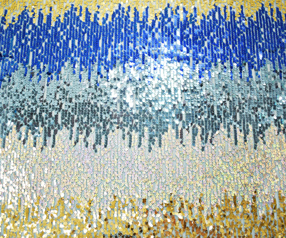Aquatic Blue-Gold-Silver Nylon Sequin Striped Mesh Tulle Fabric - Image 3