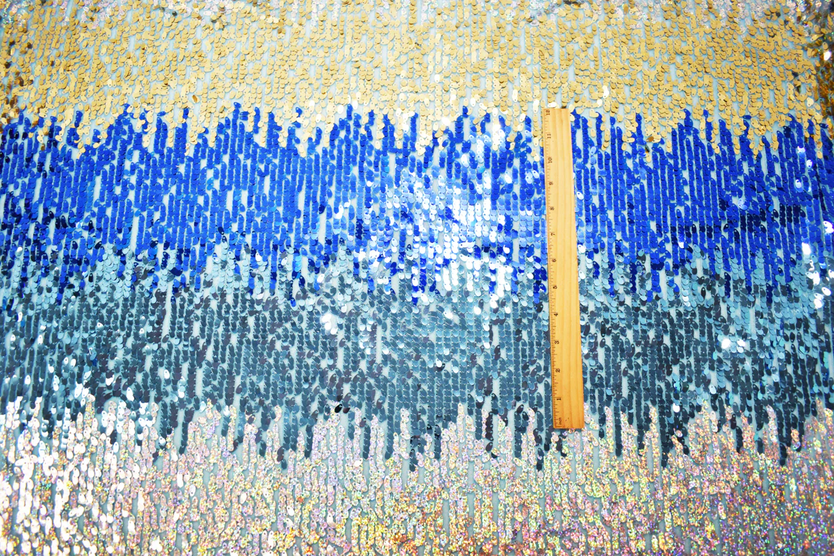 Aquatic Blue-Gold-Silver Nylon Sequin Striped Mesh Tulle Fabric - Image 4