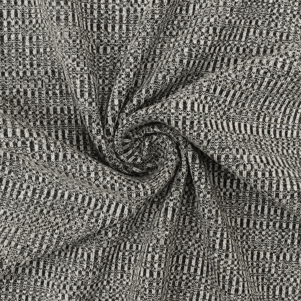 Ash White-Black Distorted Texture Stretch 2X2 Rib Knit Fabric - Image 2
