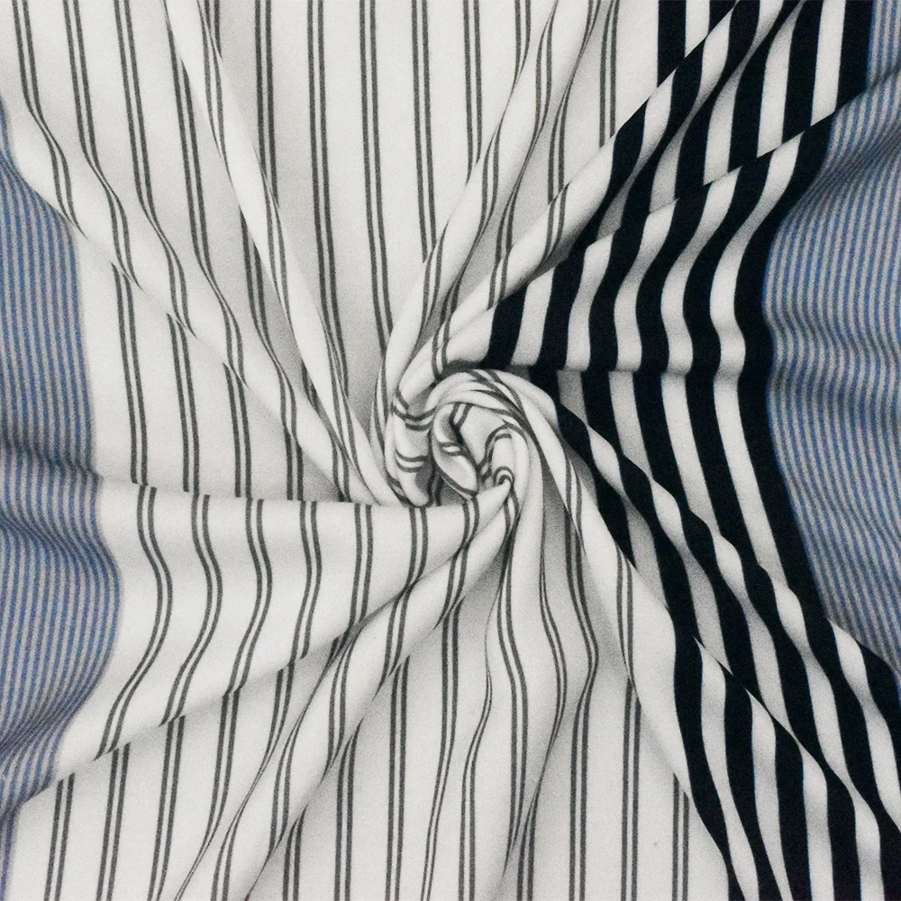 Basic White-Blue-Multi Stripe Printed Poly Twill Woven Fabric - Image 2