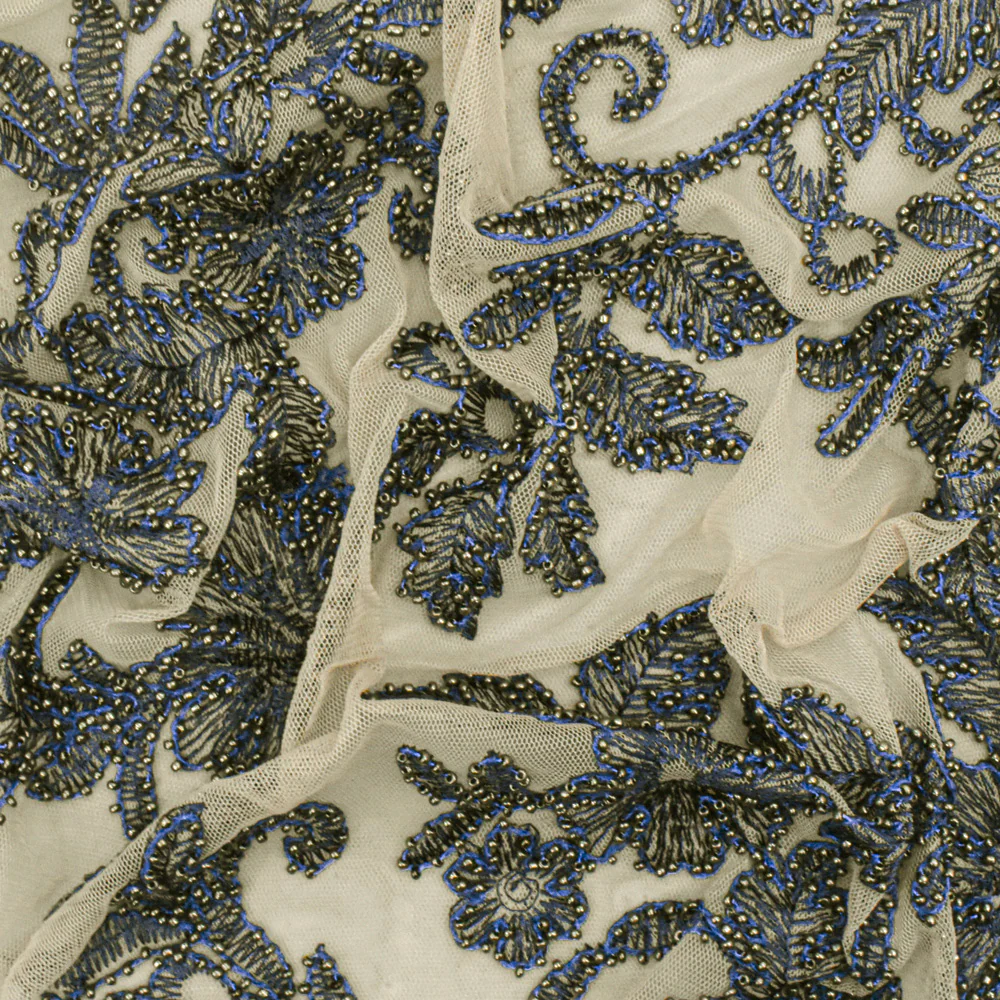 Beige-Blue-Silver Floral Bead Embroidered Scallop Tulle Fabric - Image 3