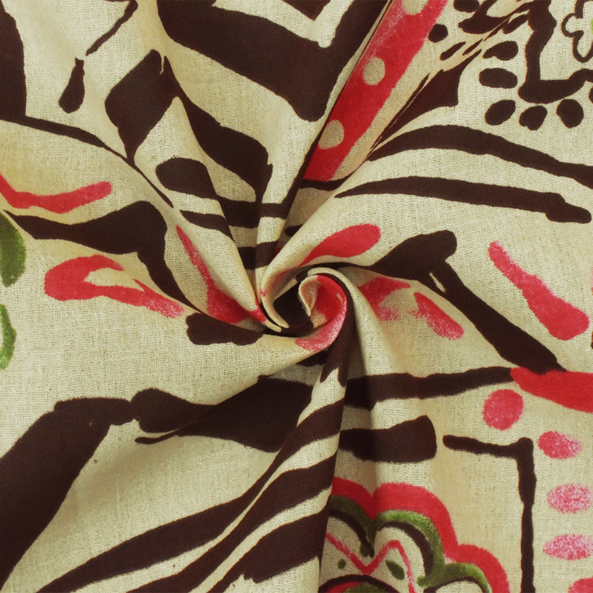 Beige-Brown-Multi Aztec And Floral Printed Cotton Gauze Woven Fabric - Image 3