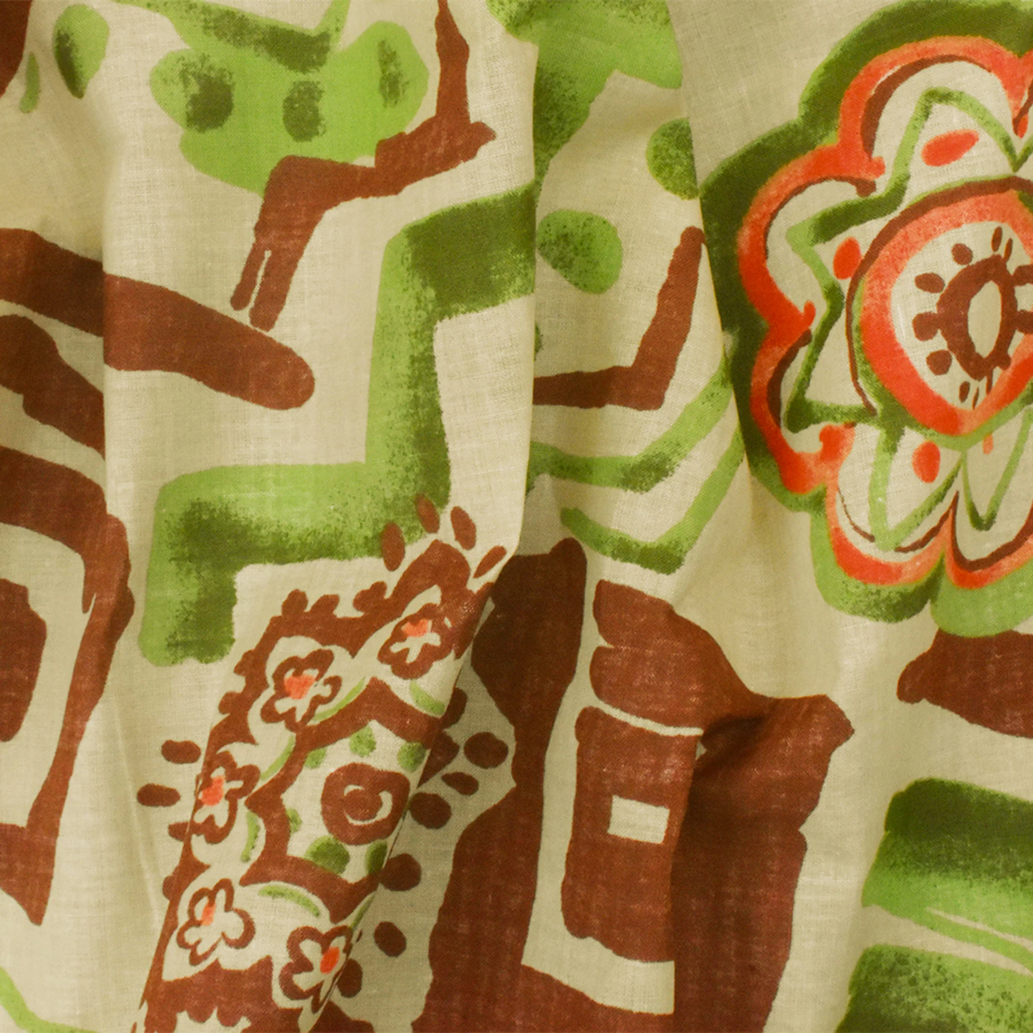 Beige-Green-Multi Aztec And Floral Printed Cotton Batiste Woven Fabric - Image 2