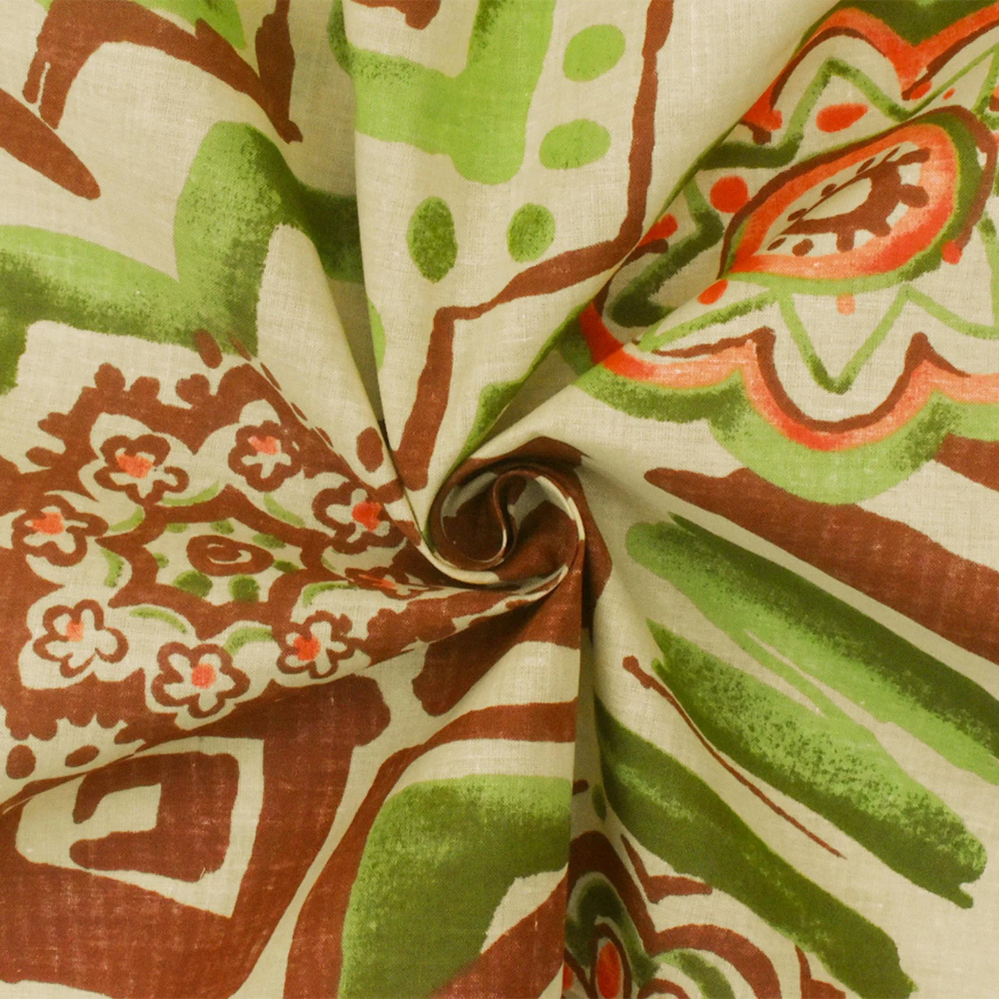 Beige-Green-Multi Aztec And Floral Printed Cotton Batiste Woven Fabric - Image 3