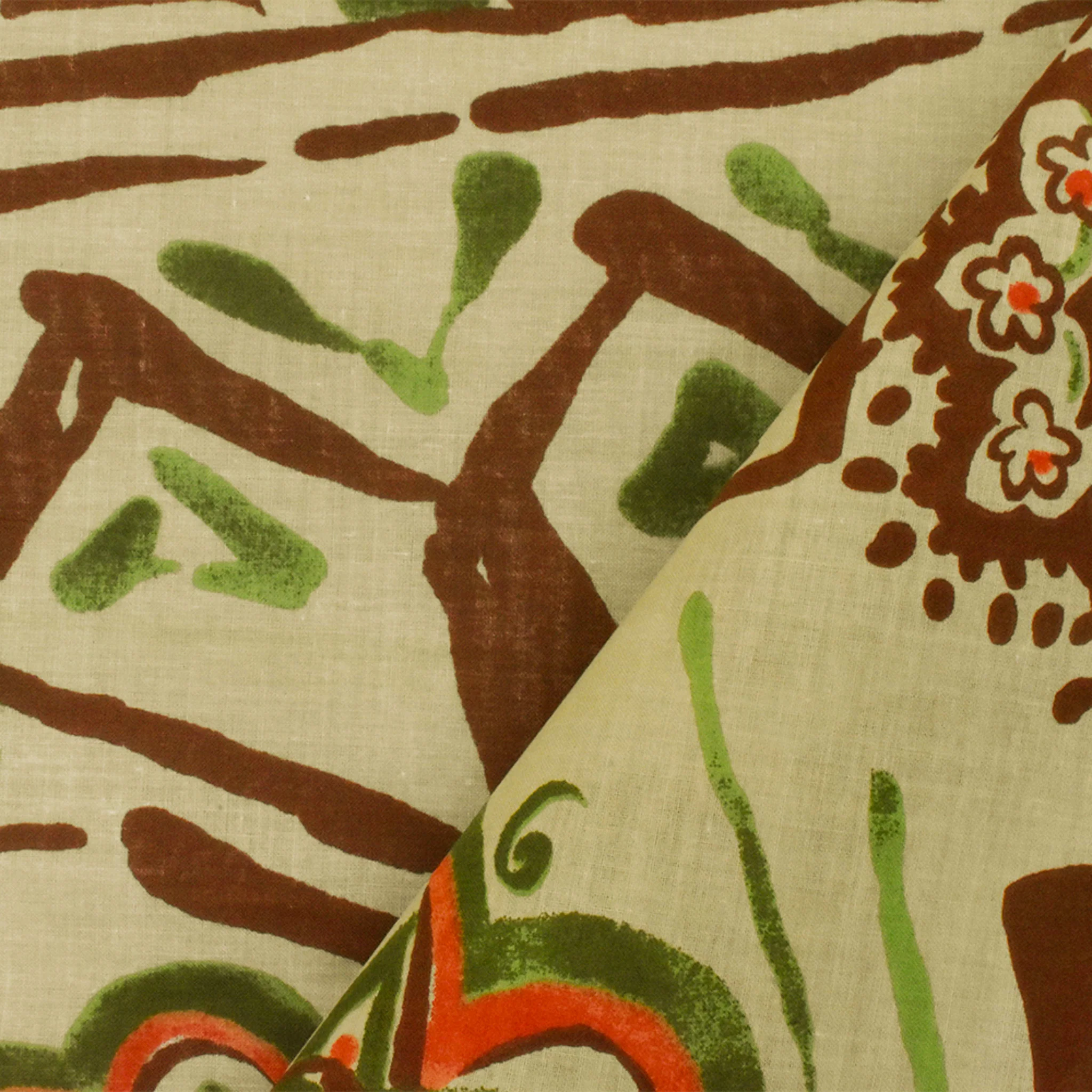 Beige-Green-Multi Aztec And Floral Printed Cotton Batiste Woven Fabric - Image 4