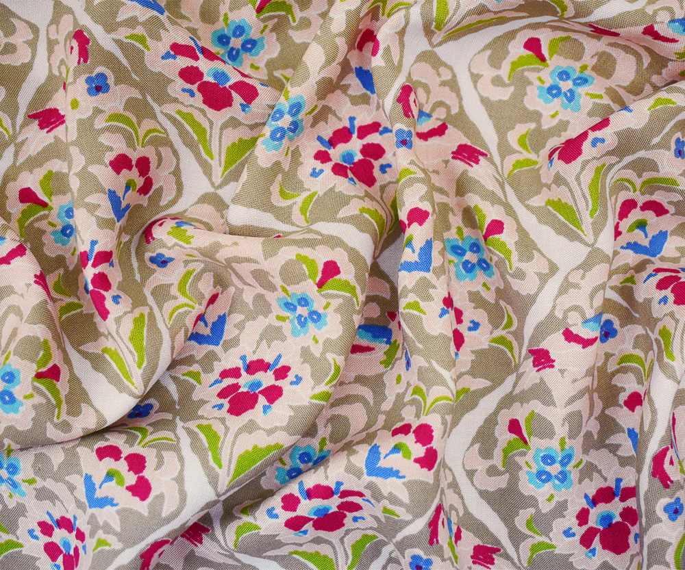 Beige-Pink-Multi Floral Tile Printed Rayon Challis Woven Fabric - Image 2