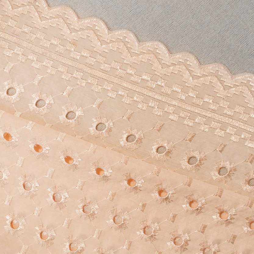 Beige Poly-Cotton Embroidered Abstract Pixel Eyelet Scallop Woven Fabric