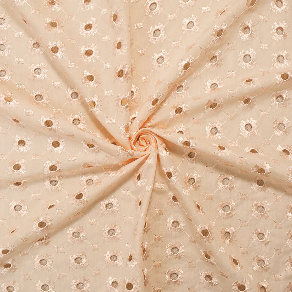 Beige Poly-Cotton Embroidered Abstract Pixel Eyelet Scallop Woven Fabric - Image 2