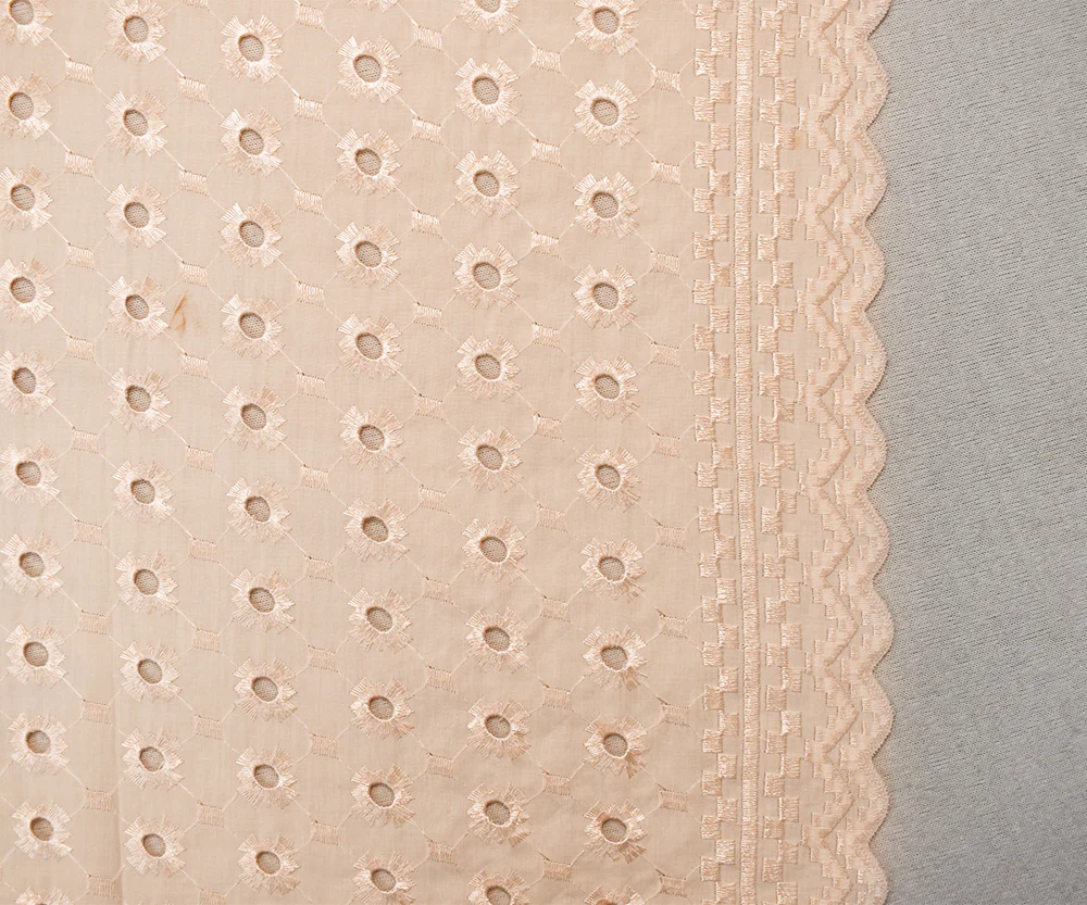Beige Poly-Cotton Embroidered Abstract Pixel Eyelet Scallop Woven Fabric - Image 3