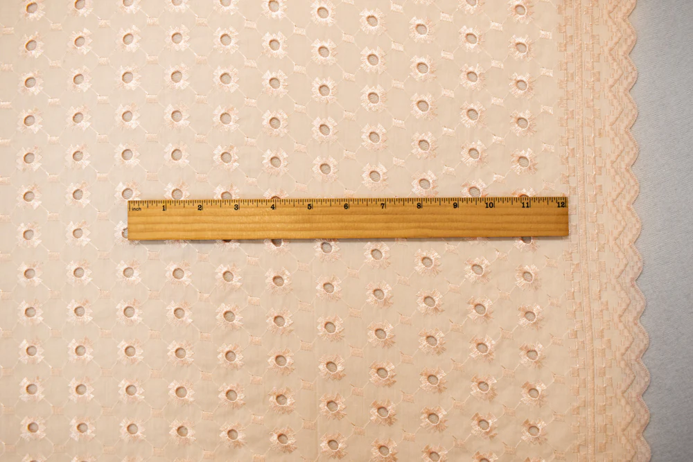 Beige Poly-Cotton Embroidered Abstract Pixel Eyelet Scallop Woven Fabric - Image 4