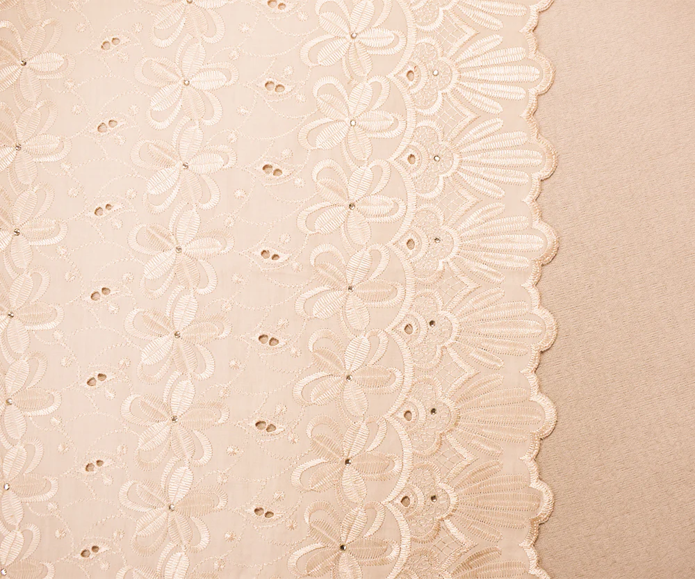 Beige Poly-Cotton Embroidered Floral Scallop Rhinestone Woven Fabric