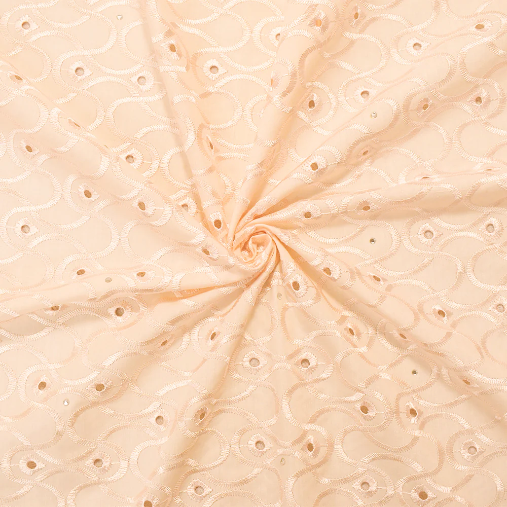 Beige Poly-Cotton Embroidery Eyelet Floral Scallop Rhinestone Woven Fabric - Image 2