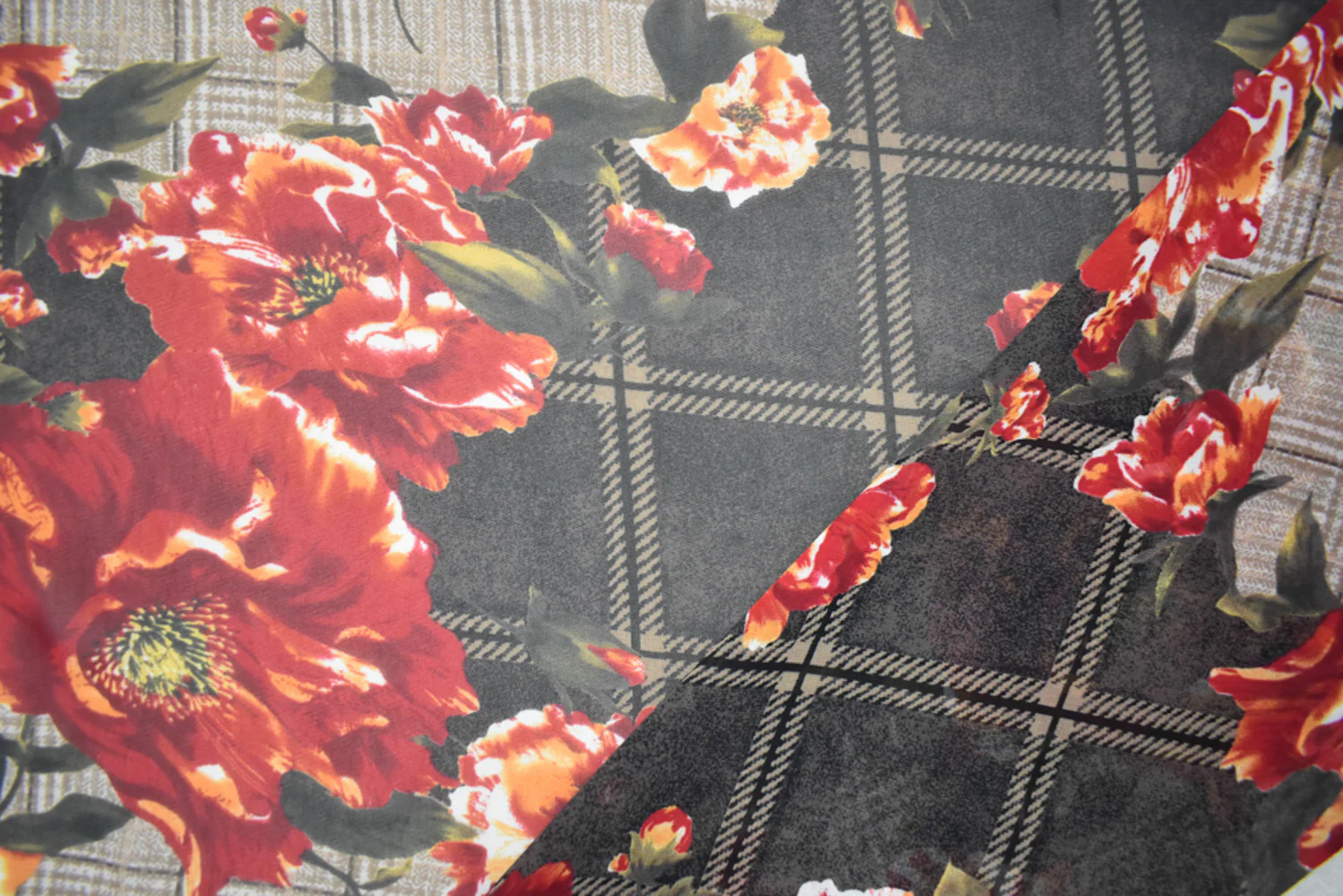 Beige-Red-Multi Poly Plaid Floral Printed Chiffon Woven Fabric - Image 2