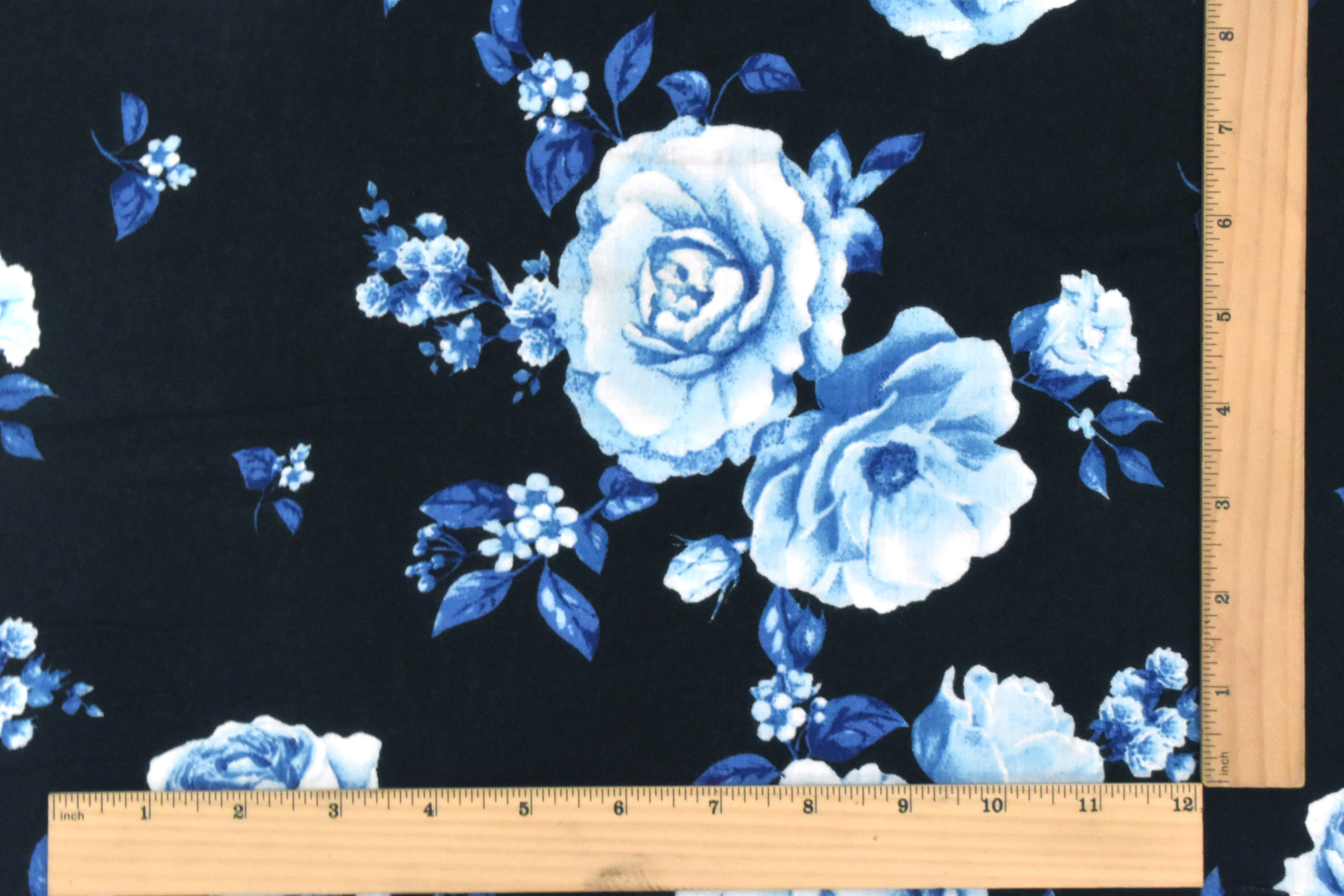 Bell Blue-Black-Multi Floral Printed Rayon Stretch Jersey Knit Fabric - Image 5