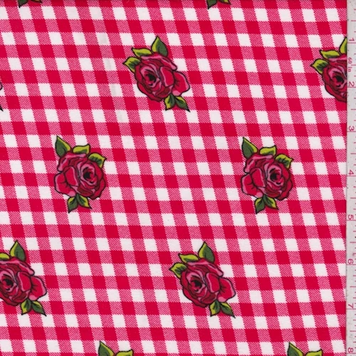 Berry/White Floral Check Double Brushed Jersey Knit Fabric