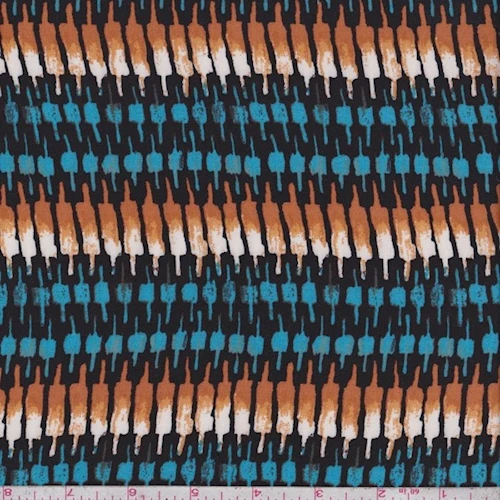 Black/Aqua/Gold Deco Stripe Rayon Challis Fabric
