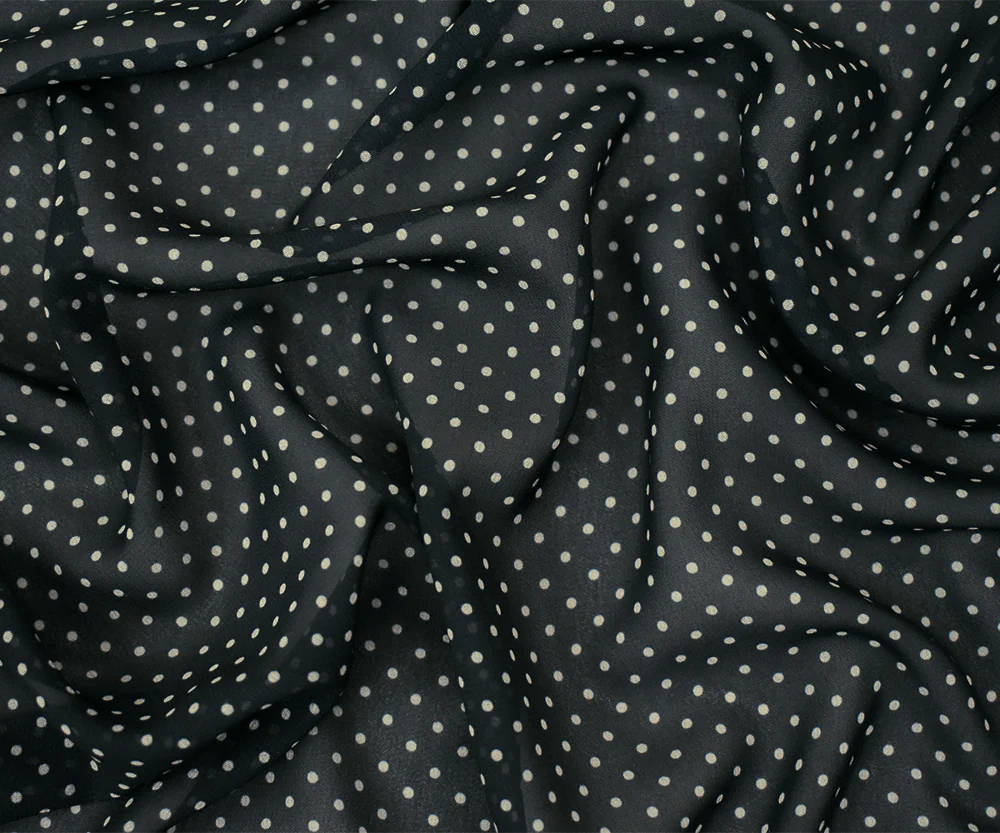 Black-Beige Polka Dots Printed Poly Chiffon Woven Fabric - Image 2