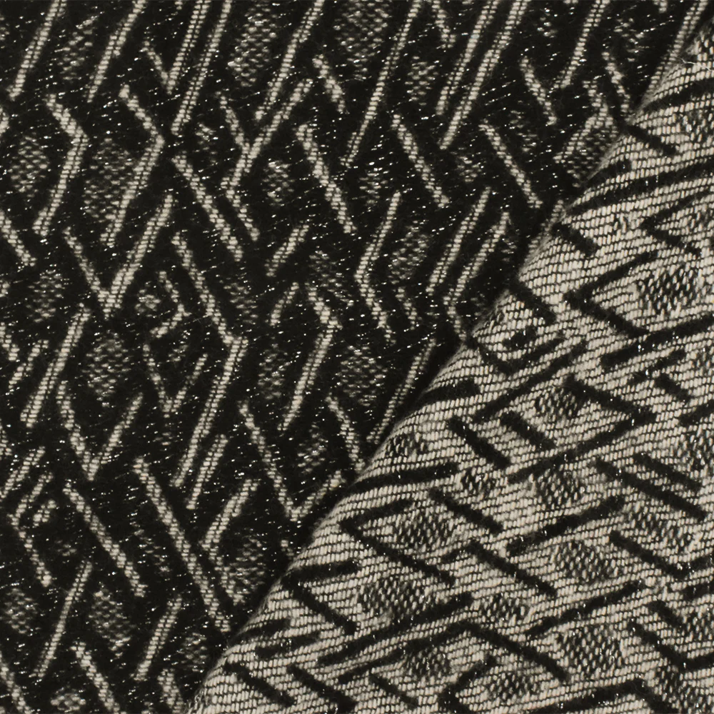 Black-Beige-Silver Abstract Diamond Damask Woven Fabric - Image 3